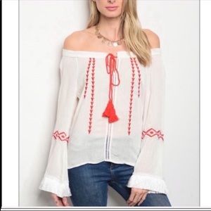 Tasseled and Embroidered Fringed Hem Blouse